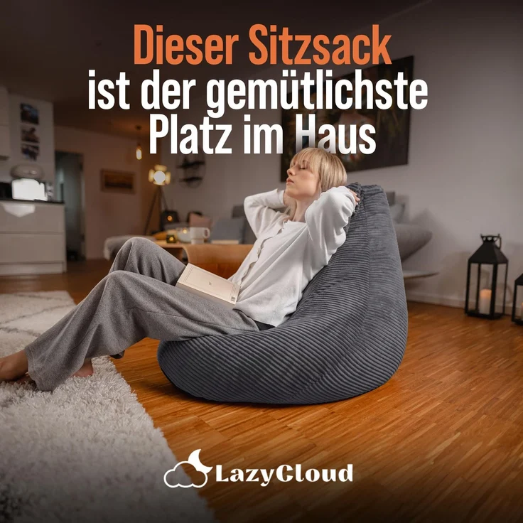 LazyCloud Sitzsack für Erwachsene mit integrierter [Nackenstütze] Cord | XXL Indoor Bean Bag mit Füllung | perfekt als Chill-, Lese- oder Gaming Sessel (90 x 80 x 70 cm) (Anthrazit) – Bild 2