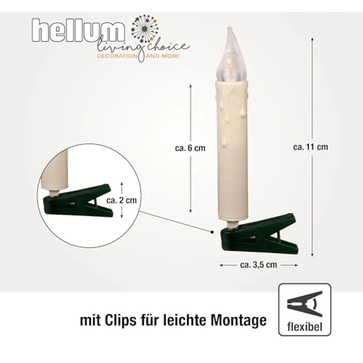 hellum Lichterkette Weihanchtsbaum, 20 LED Kerzen Lichterkette Weihnachtsbaum weiß Topfen, 5,7m beleuchtet + 3m Zuleitung, Baumbeleuchtung innen, Kabel grün, Hellgkeit – Bild 4