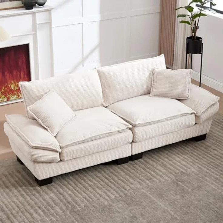 Ball & Cast Couch mit Schlaffunktion, Samt Sofa 2 Sitzer mit Kissen für das Wohnzimmer Wohnung Schlafzimmer, 224 x 81 x 81 (BxHxT), Beige – Bild 2