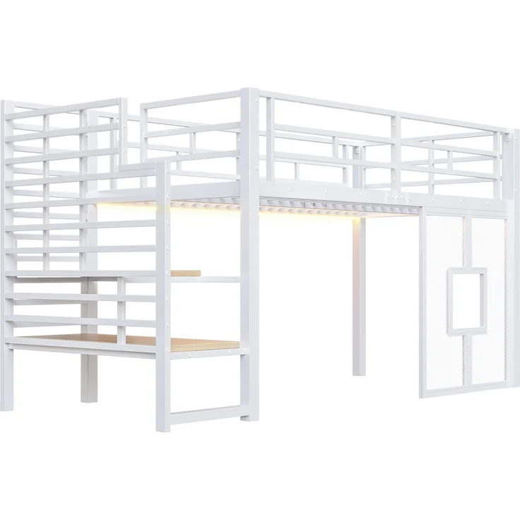 U-life Metall-Hochbett 90x200 cm mit Stauraumtreppe, LED-Beleuchtung und Fenster, Weiß – Bild 5