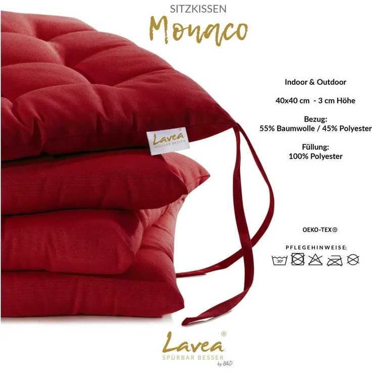 Lavea Stuhlkissen MONACO - weich gepolsterten Sitzkissen Set (4er & 8er), 40x40x3 cm, mit Stoffbändern, Indoor & Outdoor, für Garten & Balkon – Bild 2