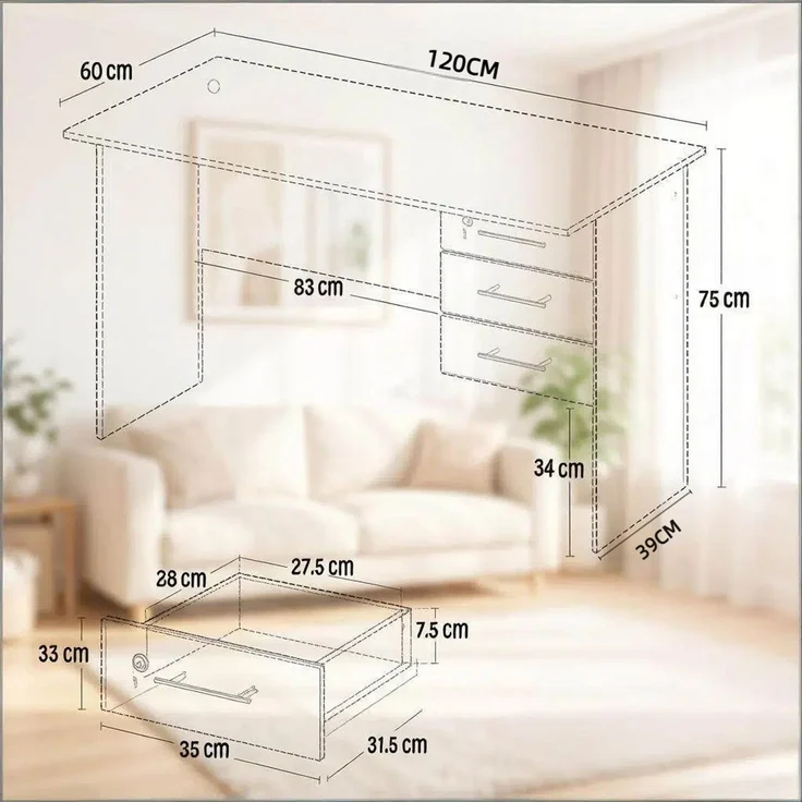 Computer Schreibtisch,Holz Bürotisch,Spieltisch,Nähtisch(nur mit Computer Schreibtisch)--Weiß--120x60x75cm--YOUDENOVA – Bild 8