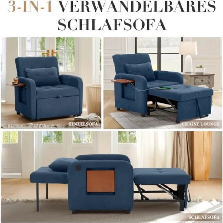 COLAMY Verwandelbarer Schlafsessel Stoff Futon Sofa Bett, Einzel Schlafsofa mit USB-Anschluss, klappbarem Tisch, Kissen und Verstellbarer Rückenlehne für Wohnheim, Schlafzimmer, Blau – Bild 6
