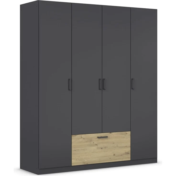 Rauch Möbel Bari, Drehtürenschrank, 4-türig, Kleiderschrank Grau-Metallic/Eiche Artisan, 1 Schublade, 181 x 210 x 54 cm