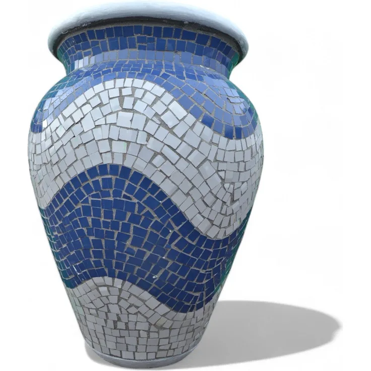 Pflanzgefäß Freya – Wellenförmiges Mosaikdesign Blau – Ø 55 cm, Höhe 90 cm – Handgefertigt aus Beton & Keramik-Mosaik