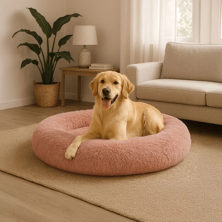 belviona Donut-Hundebett, kuscheliges Plüschbett mit weicher Füllung, sicherem Halt & ergonomischem Rand, 100 cm Durchmesser, altrosa – Bild 1