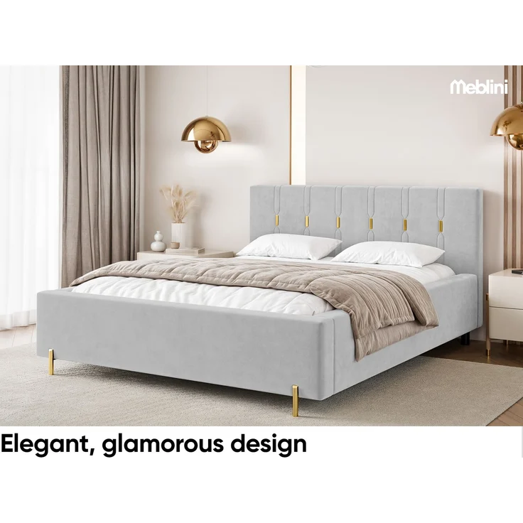 MEBLINI Polsterbett 140x200 mit Lattenrost mit Matratze – FABIO – Hellgrau Samt – Doppelbett mit Bettkasten - Stauraumbett - Kopfteil Bett mit Stauraum – Bild 3