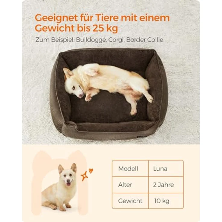 Feandrea Hundebett, Hundekissen in Leinenoptik, Hundekorb, erhöhte Ränder, rutschfeste Unterseite, Bezug abnehmbar waschbar, L, für mittelgroße Hunde, 90 x 75 x 25 cm, braun PGW11CC – Bild 10