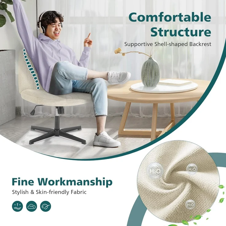 DUMOS Cross Legged Bürostuhl, Armloser Breiter Schreibtischstuhl Keine Räder, Moderner Home Office Schreibtisch Stuhl Swivel Verstellbarer Stoff Eitelkeit Stuhl – Bild 5