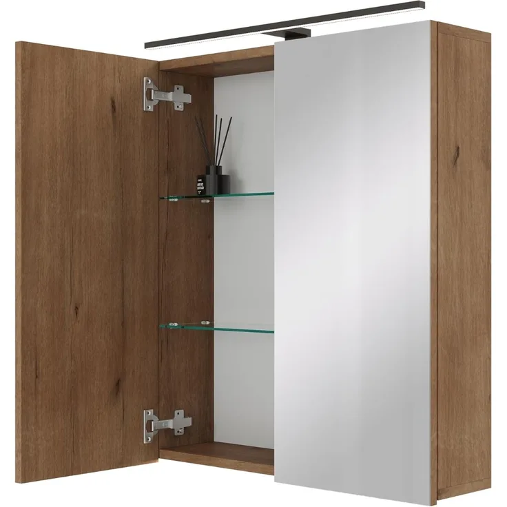 Planetmöbel ARIA Spiegelschrank Bad mit Beleuchtung 60 cm breit | Badschrank hängend mit Spiegel | Gold Eiche, mit Leuchte und Steckdose, Spiegelschrank Gäste WC 60 x 70 x 16 cm