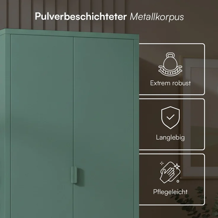 skølm 'Ituri' Kleiderschrank mit 2 Schubladen, Metall, 170x45x80 cm, dunkelgrün, Garderobe mit 4 Fächern und 2 Kleiderstangen – Bild 4