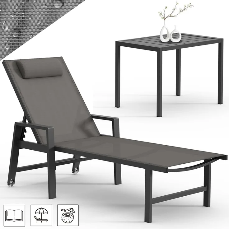 Mucola 1x Sonnenliege und Gartentisch Aluminium Gartenliege 200KG & Rollen wetterfest Teslin Klappliege Camping Terrassentisch – Bild 4