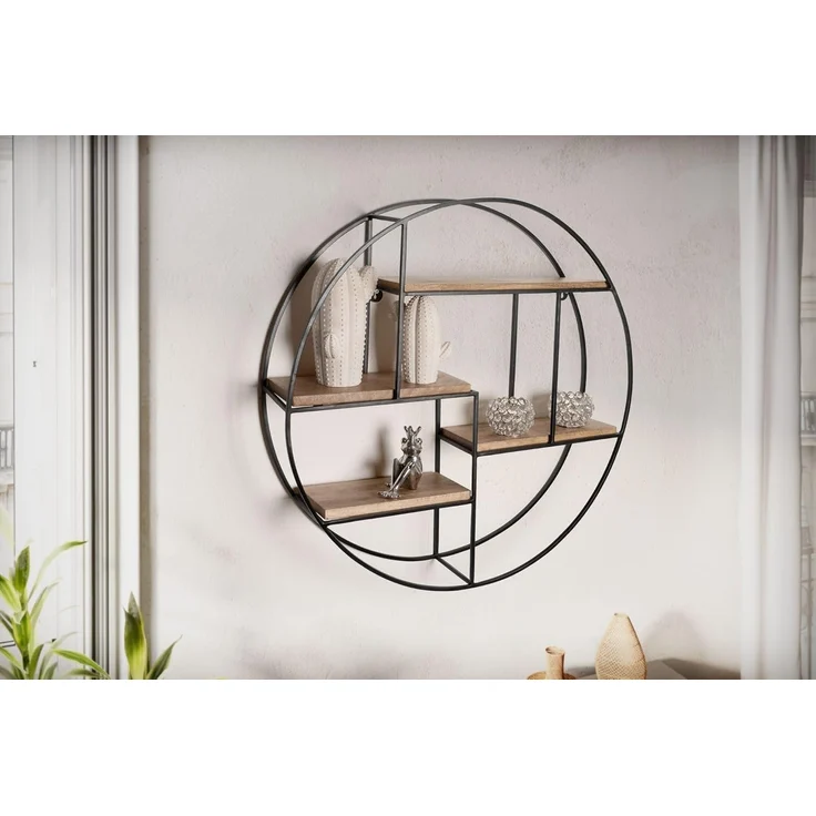 FINEBUY Wandregal FB92220, 70 x 70 x 18 cm Mango Massivholz / Metall Hängeregal, Schweberegal Rund, Regal Hängend Industrial – Bild 2