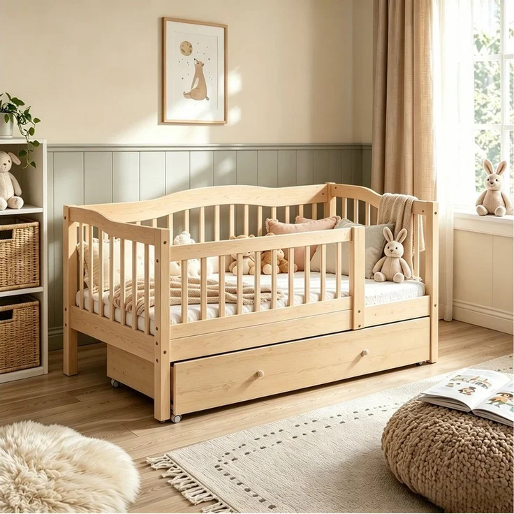 LEADZM Kinderbett mit Schubladen 70x140 / 80x160 / 90x200cm, Hausbett mit Lattenrost, Bodenbett mit Stauraum und Abnehmbarer Barriere, Naturbelassen – Bild 1