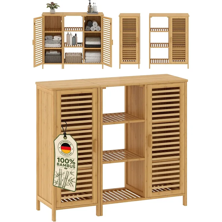 Bellamio 'Newa' Badezimmer Schrank, Bambus, natur, 87x33x100 cm, Badschrank mit 9 Ablagefächern