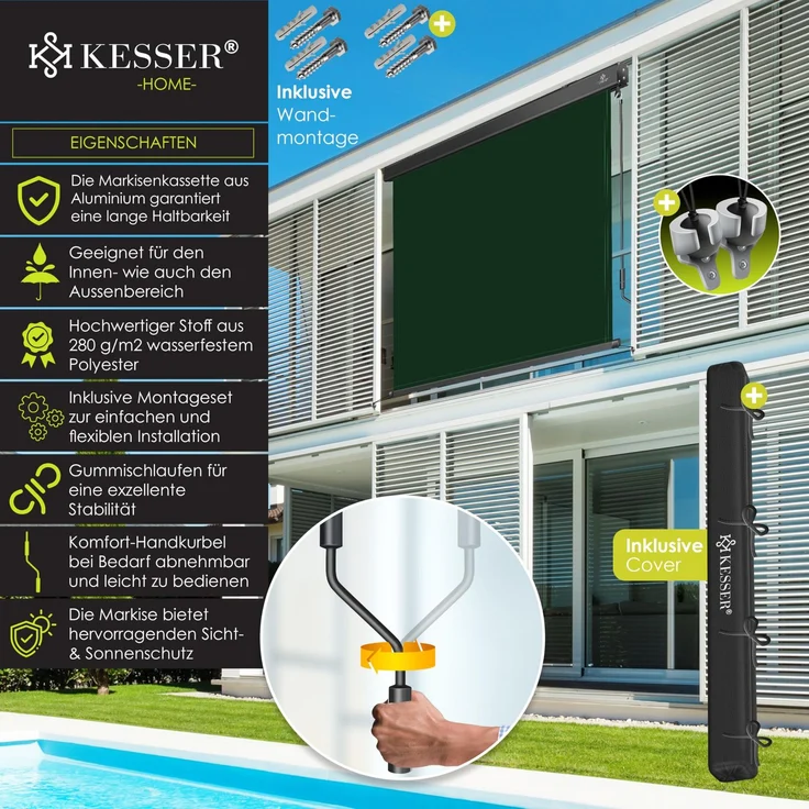 KESSER® Senkrechtmarkise Außenrollo Handkurbelmechanismus Balkonrollo Sonnen-und Sichtschutz, Beschattung Sonnenschutz Außen Rollo mit Kurbel Markisenkasten, Balkon und Terrasse 160x250 cm, Dunkelgrün – Bild 2