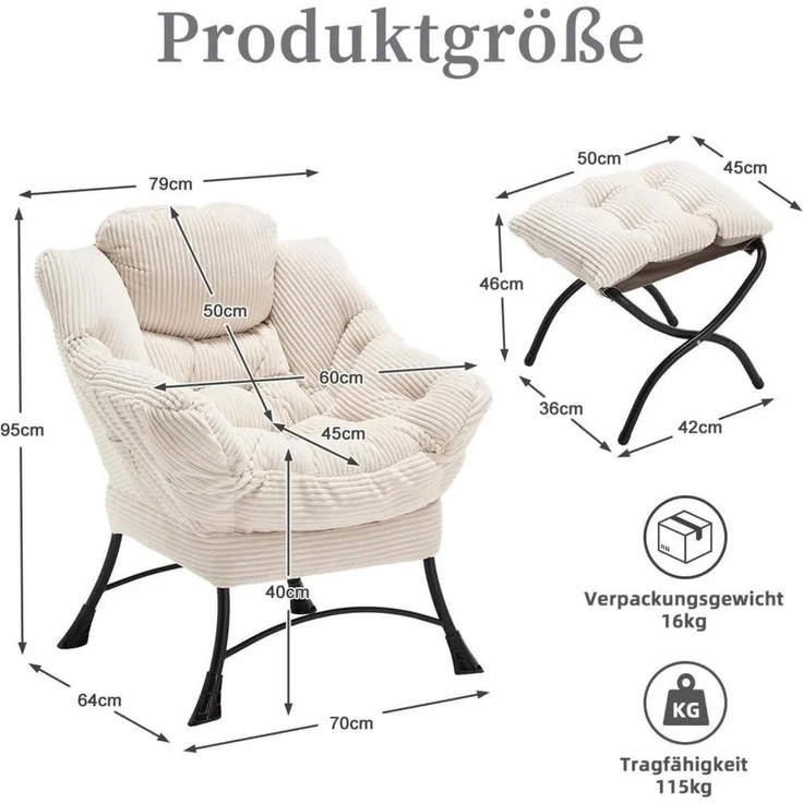 Ohrensessel Hocker Armlehnen Fußstütze Cord Weiß – Bild 2