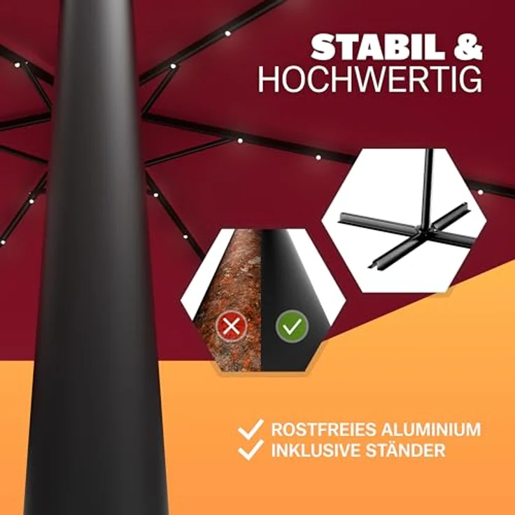 Kingsleeve Sonnenschirm 300 cm LED Beleuchtet UV Schutz 80+ Schutzhülle Kurbel Ampelschirm Rot – Bild 6
