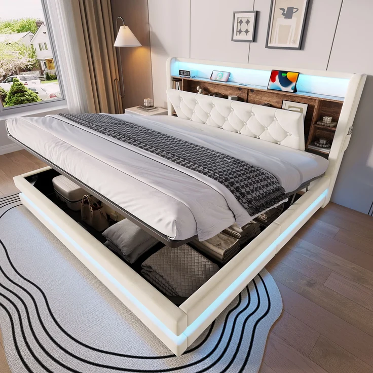 TavilaEcon Boxspringbett Samtbett, Polsterbett mit LED-Beleuchtung & USB-Ladefunktion beige Liegefläche 180 × 200 cm – Bild 1