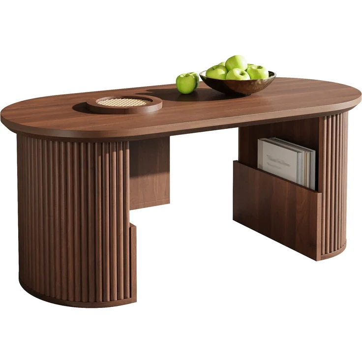 Ovaler Couchtisch aus MDF mit Ablagefächern, 105x50x46,5 cm, Walnuss – Bild 6