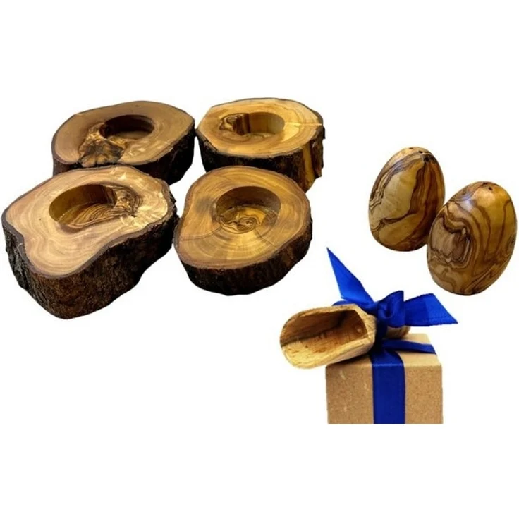 Olivenholz-erleben Eierbecher Rustikal, (Set, 6-tlg, 4x Eierbecher rustikal, plus Salz- und Pfefferstreuer), Olivenholzscheiben als Eierbecher mit Ei-förmigen Streuern – Bild 2