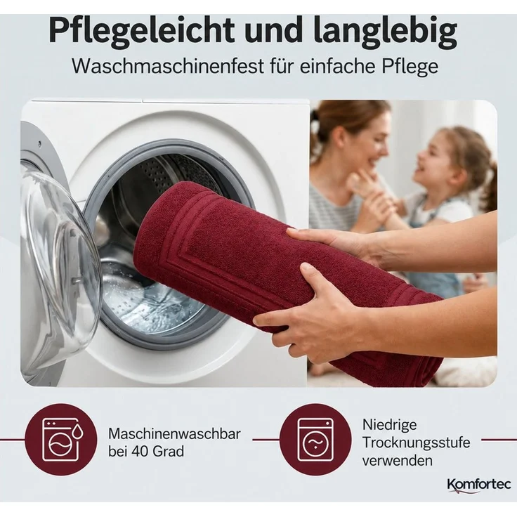Komfortec Badematte Badvorleger aus 100% Baumwolle, Waschbar Duschmatte, Frottee, Rechteckig, 600 g/m², 2er Set, Saugfähig & Schnelltrocknend – Bild 4