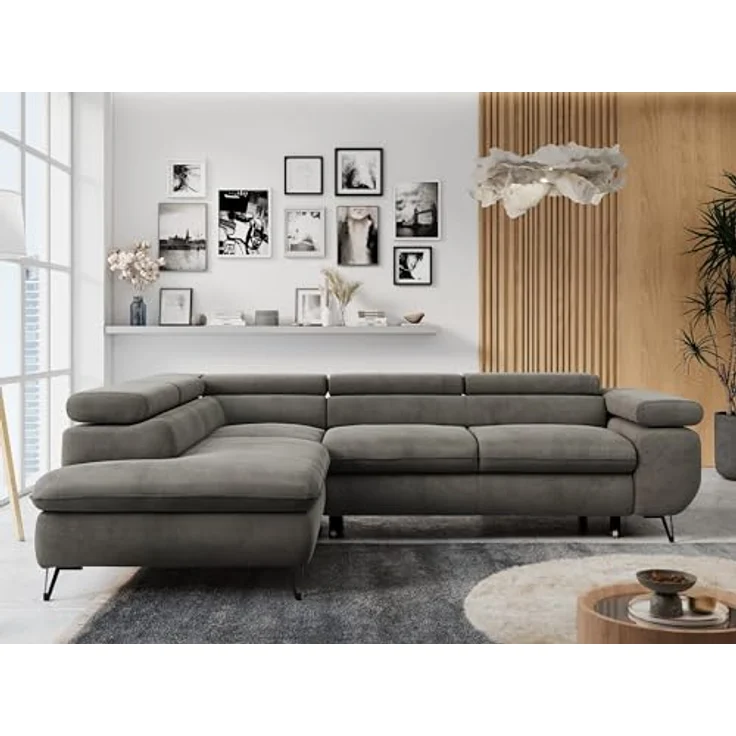Mks Möbel 'Peter L-form' Ecksofa mit Bettfunktion, Bettkasten & einstellbaren Kopfstützen, Dunkelgrau, Velours, links – Bild 3