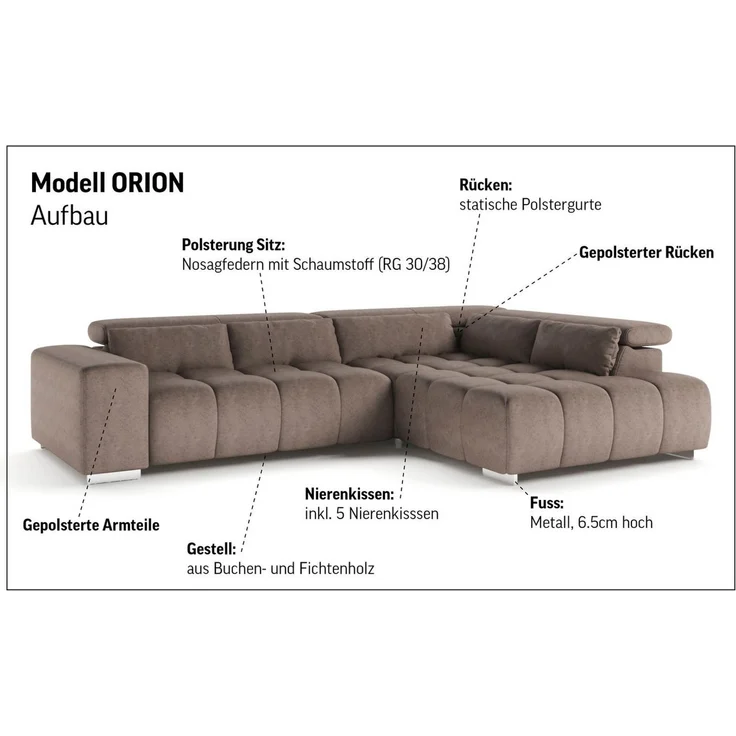 COTTA Ecksofa Orion L-Form, B: 310 cm, Kopfteilverstellung & 5 Nierenkissen – Bild 4