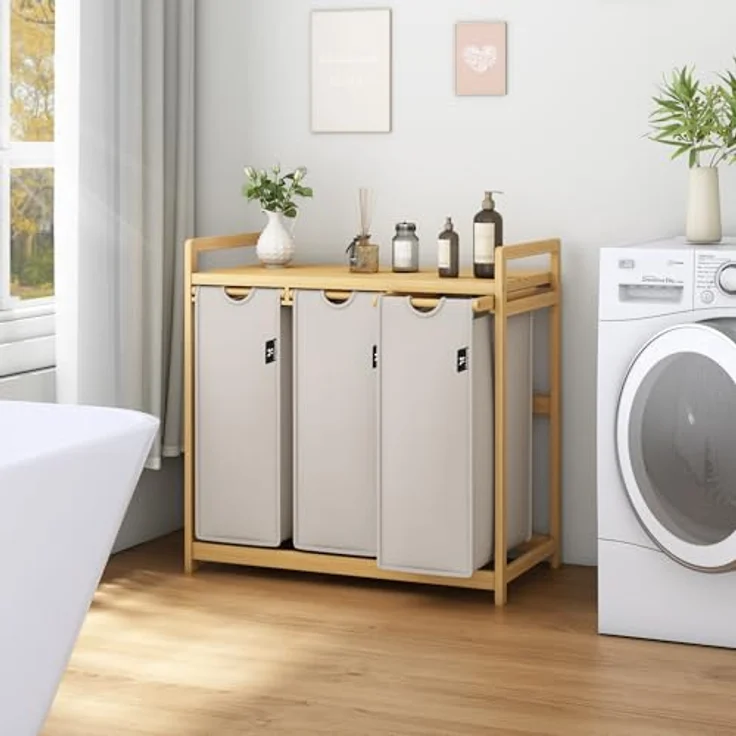 AdelDream Wäschekorb Wäschekörbe mit Bambusrahmen, 150 l, 3 Fächer – Bild 10