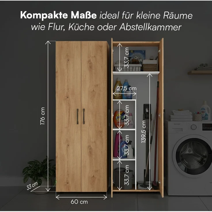 Bellamio 'Apol' Mehrzweckschrank, Eichenoptik, 176x33x60 cm, Besenschrank mit Staubsaugerfach und 4 weiteren Fächern – Bild 6