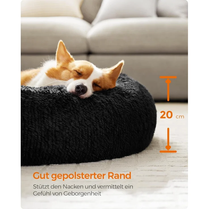 Feandrea Hundebett flauschig, Katzenbett, Donut Kissen, waschbar, Polsterung in der Mitte herausnehmbar, Langer Plüsch, 80 cm Durchmesser, tintenschwarz PGW040B01 – Bild 5