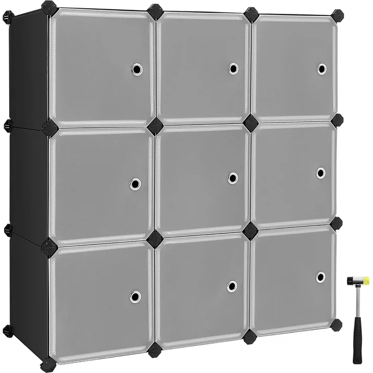 SONGMICS Regalsystem, Schuhregal, Set aus 9 Würfeln, Kleiderschrank aus Kunststoff, mit Türen, Steckregal, Aufbewahrung von Kleidung, Schuhen und Büchern, einfache Montage, schwarz LPC116HS