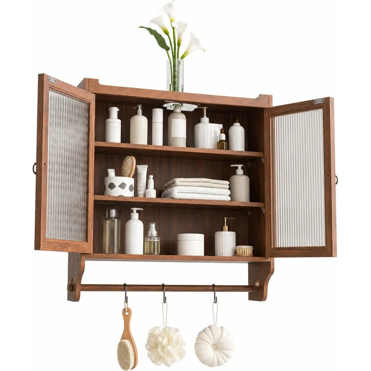 DESVIAE Vitrine zur Wandmontage mit Glastüren, 63x60x18 cm, Massivholz, MDF und Glas, Braun – Bild 7