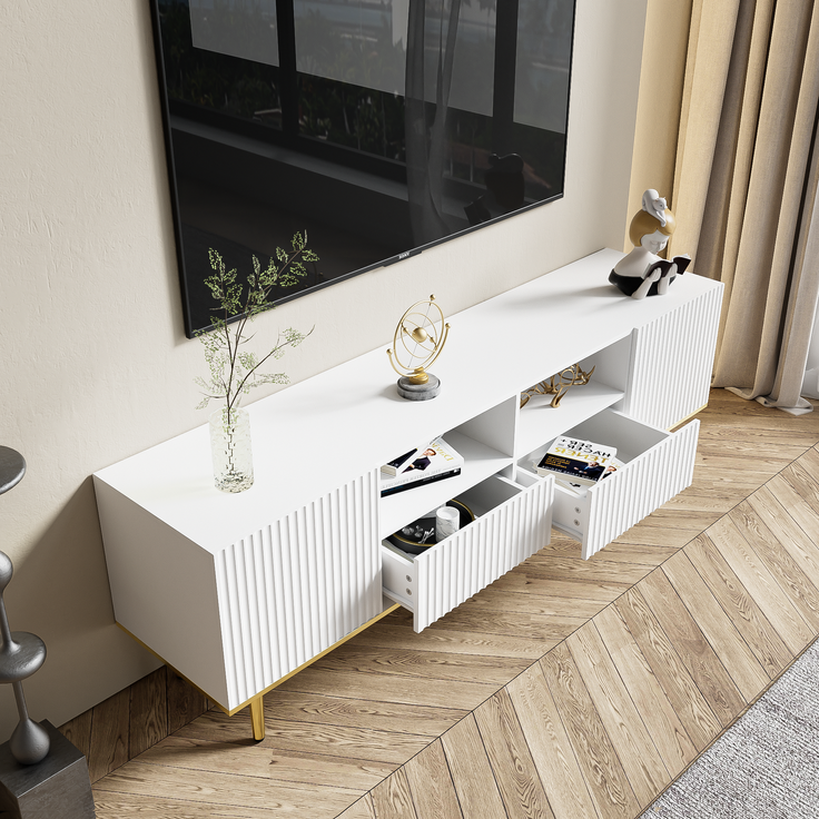 TV-Schrank 165 cm Weiß mit Gold, Lowboard Sideboard Wohnzimmerschrank, 2 Schubladen, 2 offene Fächer – Bild 5
