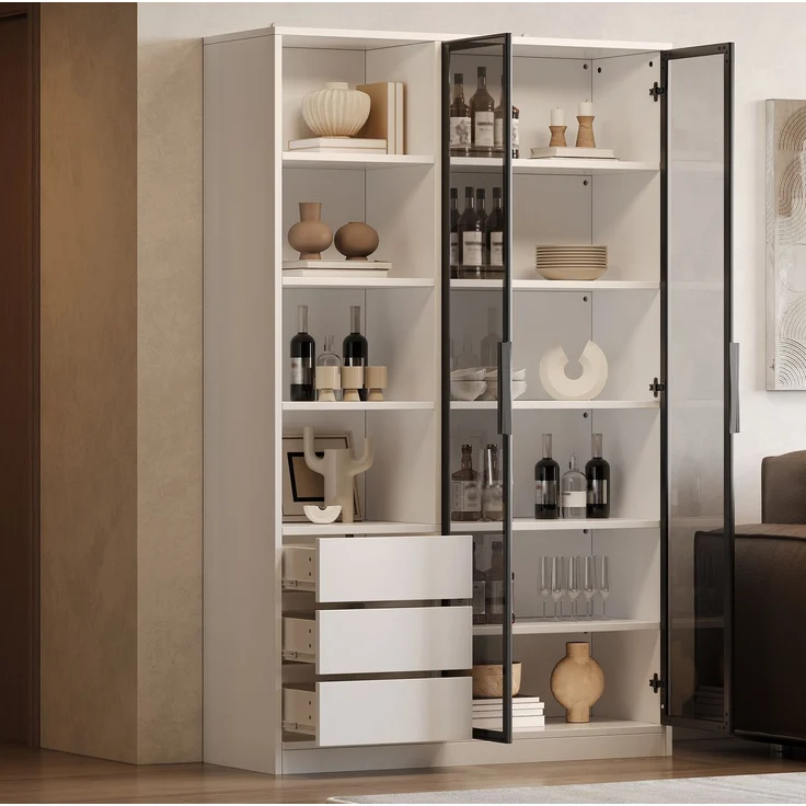 Vitrine 100 x 35 x 160 cm in Mattweiß mit Glastüren, LED-Beleuchtung und Schubladen – Bild 4