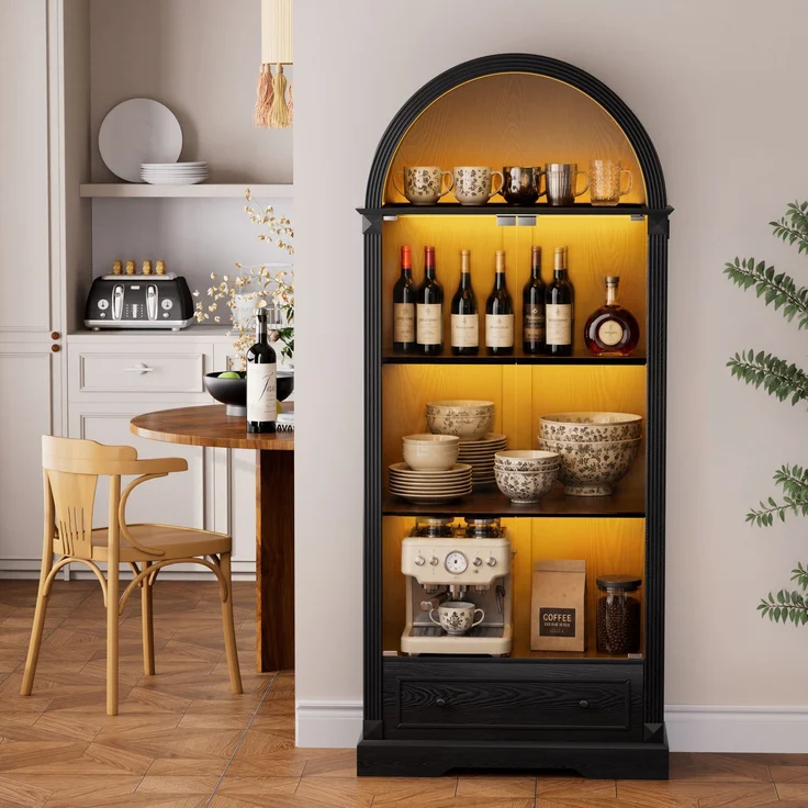 180cm hohe Vitrine in Bogenform, Küchenschrank mit Glastüren, ausgestattet mit LED-Lichtleisten und Schubladen; Vitrine im modernen Landhausstil, geeignet für Wohnzimmer, Küche und Esszimmer, Schwarz--Schwarz--80x35x180cm--YOUDENOVA – Bild 5