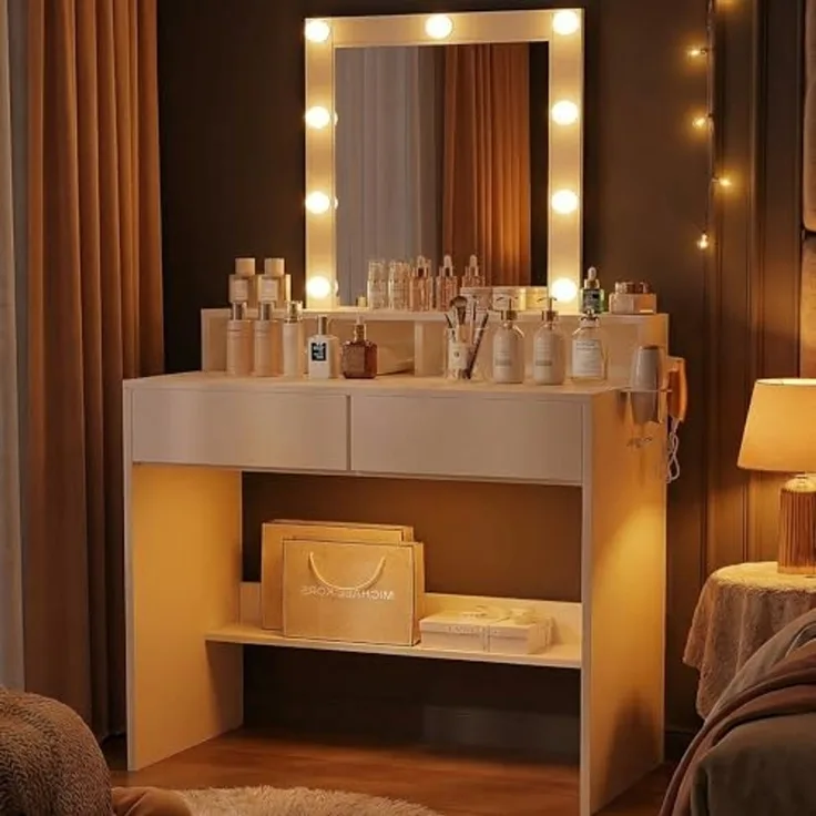 JUMMICO Schminktisch mit LED Beleuchtung und Spiegel, Einstellbare Helligkeit und Farbtemperatur, Kosmetiktisch mit 9 LED Glühbirne, Weiß