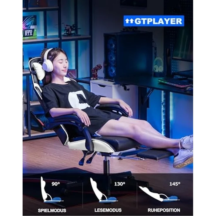 GTPLAYER Gaming Stuhl, Gamer Stuhl, Ergonomischer Bürostuhl mit mit Fußstütze verstellbare Lenden und Kopfkissen, Gaming Chair Gepolstert, Gaming Sessel 150 kg Belastbarkeit weiß – Bild 3