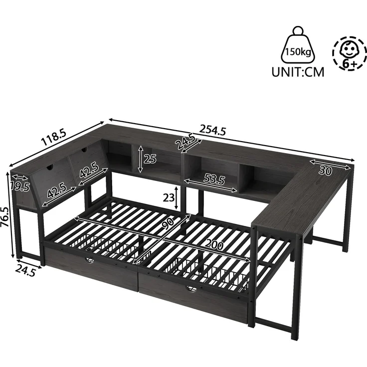 U-life Metallbett 90x200 cm, für Jugendliche, LED-Beleuchtung, Schreibtisch & Schubladen, Multifunktionales bett, MDF, Schwarz – Bild 6