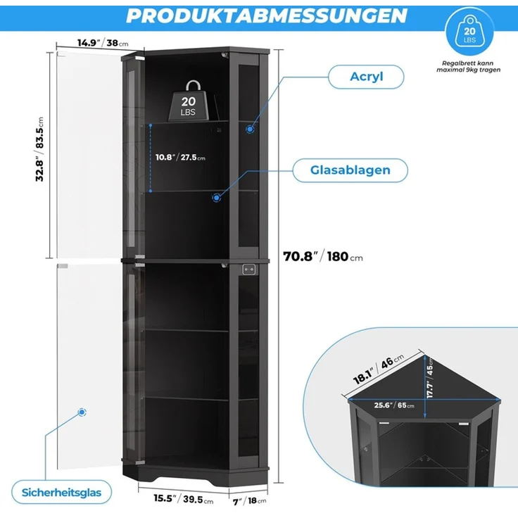 Eckvitrine 65x45x180 cm, 6-stöckige Glasvitrine mit LED-Beleuchtung, Glastüren und Bewegungssensor, Schwarz – Bild 4