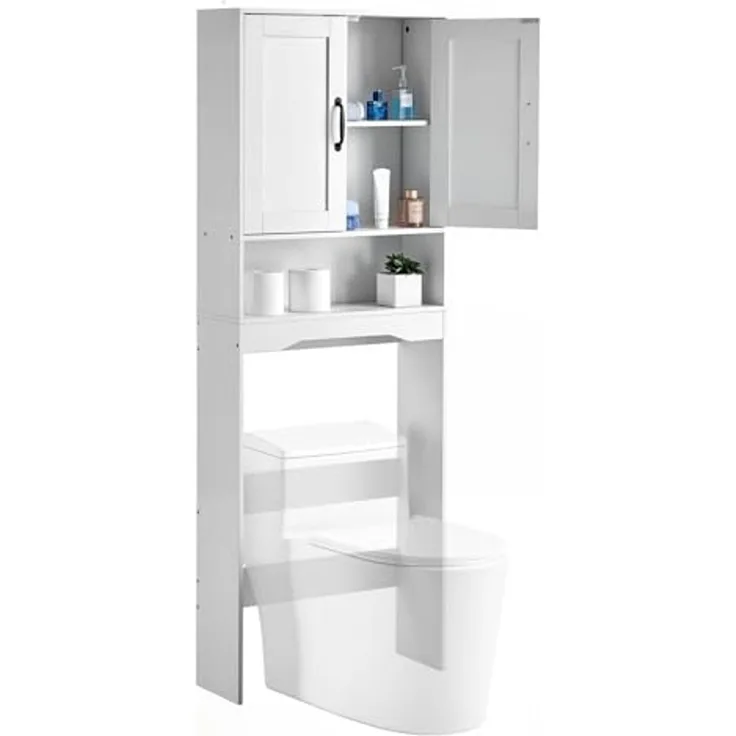 VEVOR Toilettenschrank Badezimmerschrank mit Doppeltür & verstellbarem Regal, platzsparender 3-stöckiger Badschrank über der Toilette mit offenem Regal, 600 x 210 x 1651 mm Aufbewahrungsschrank Weiß