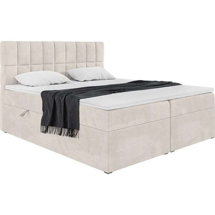 MEBLINI Boxspringbett LUKAS 200x200 cm mit Bettkasten - H3/Beige Samt Polsterbett - Doppelbett mit Topper & Taschenfederkern-Matratze