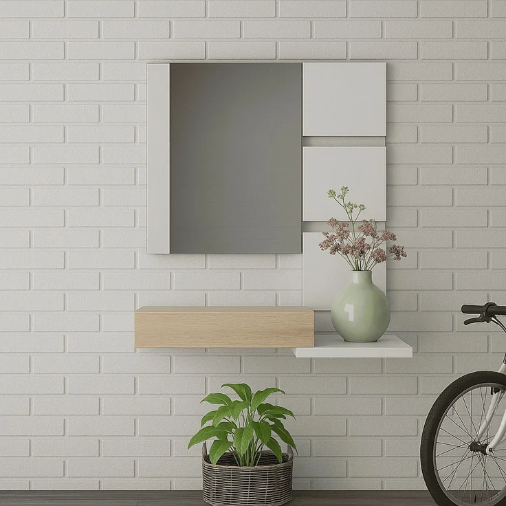 Flur mit Schublade und Spiegel, Eingangsmöbel, Modell Tekkan, Ausführung in Artik White und kanadischer Eiche, Maße: 75 cm (Breite) x 116 cm (Höhe) x 29 cm (Tiefe) – Bild 2