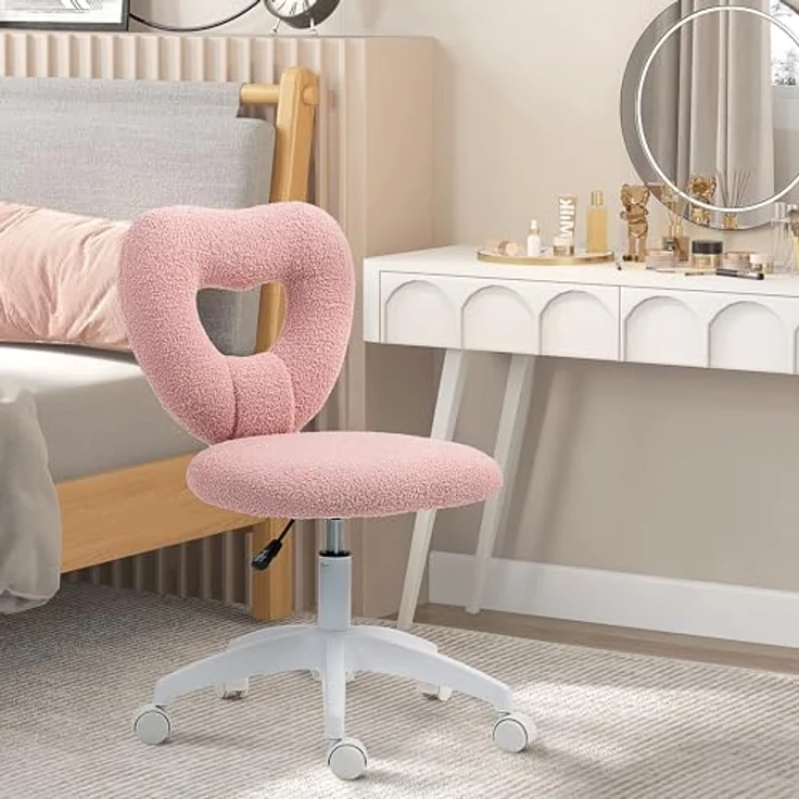 HOMCOM Schreibtischstuhl, Rosa, Drehstuhl mit herzförmiger Rückenlehne und Teddy-Fleece, höhenverstellbar, 45x88x56 cm – Bild 9