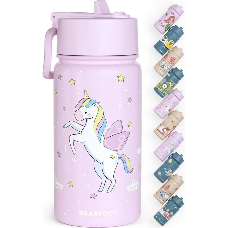 BEARFOOT Trinkflasche Thermo Kinder Trinkflasche Edelstahl - Einhorn lila, Thermosflasche, auslaufsicher, Edelstahl, Kinderflasche, BPA-frei – Bild 1