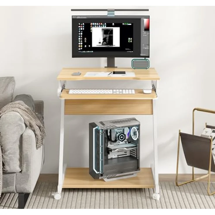 SogesHome Schreibtisch Klein Computertisch mit 4 Rollen 2 Davon mit Bremsen PC-Tisch in Z-Form mit Tastaturauszug für Zuhause und Büro, 60x48 cm – Bild 8