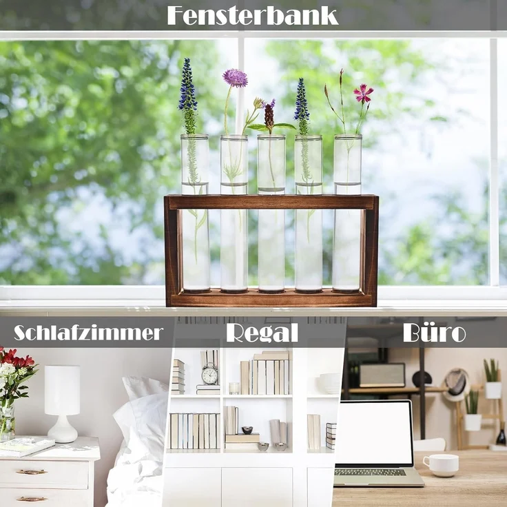 Cieex Reagenzgläser Blumenvase Set mit Holzständer - Moderne Vasen Deko für – Bild 7
