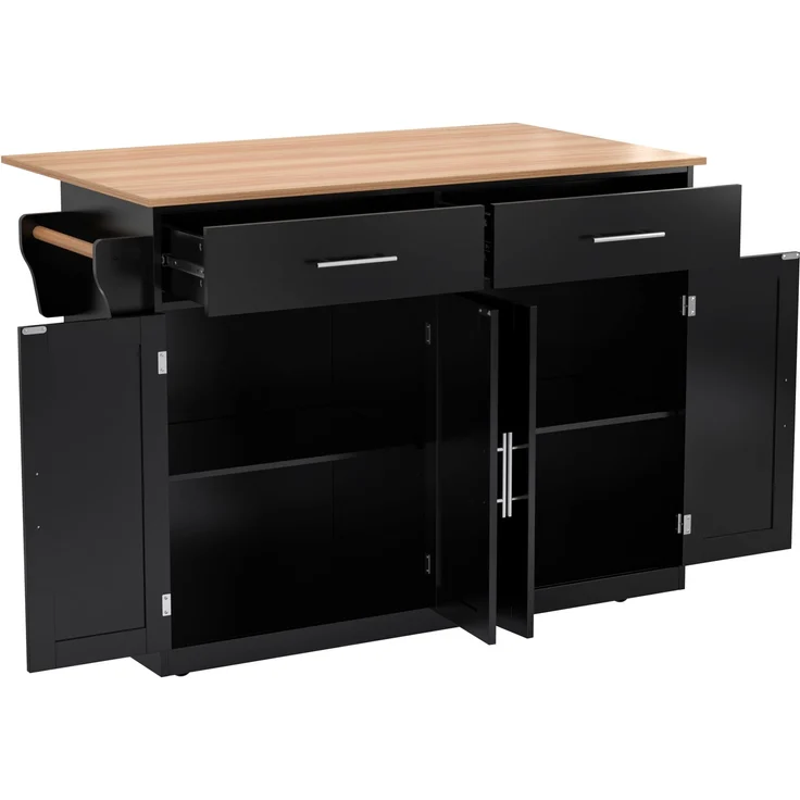 Servierwagen 120x46x91 cm mit klappbarer Tischplatte, Rollen und austauschbaren Holzfüßen, Kücheninsel und Sideboard, Schwarz & Natur – Bild 5