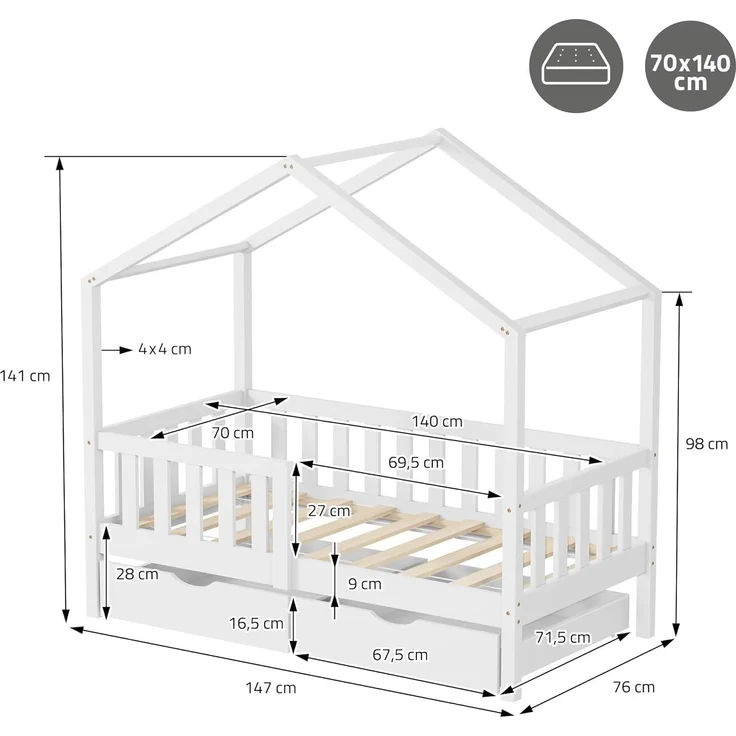 ML-DESIGN Spielbett Hausbett Kinderbett inkl. 2 Schubladen, Lattenrost und Rausfallschutz, Abenteuerbett 70x140cm mit Matratze Himmelbett Kiefer Jugendbett Weiß – Bild 2