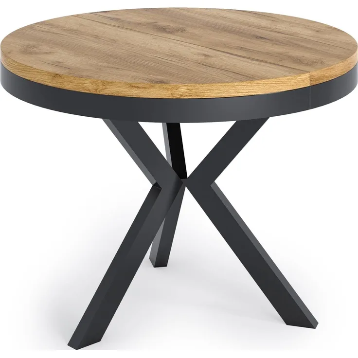 Runder Ausziehbarer Esstisch - Tisch im Loft-Stil mit Schwarz Metallbeinen - Industrieller Tisch für Wohnzimmer - Spacesaver - Eiche Craft - 100-140 cm